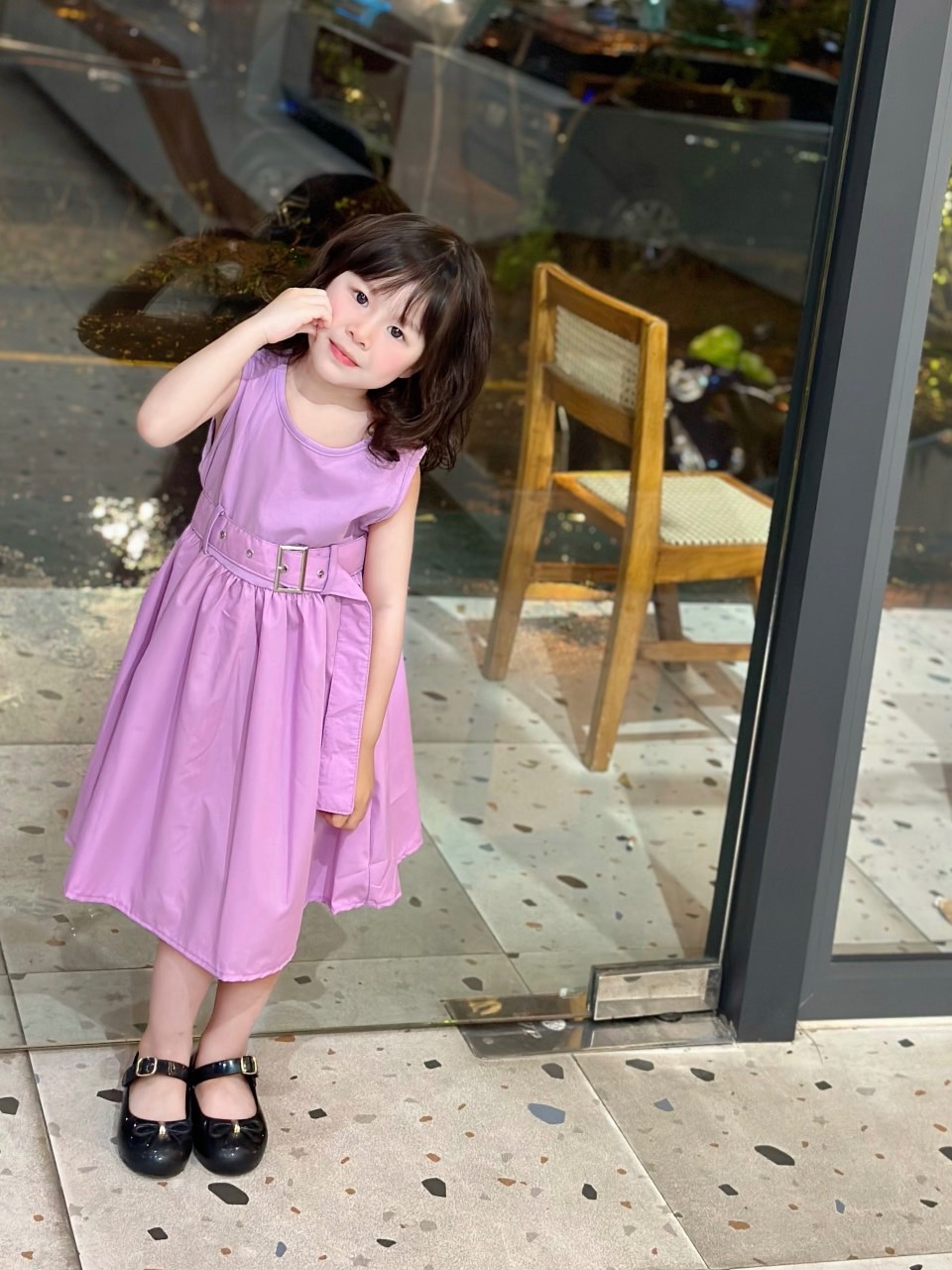 Váy cotton phối thân thô đai eo bé gái