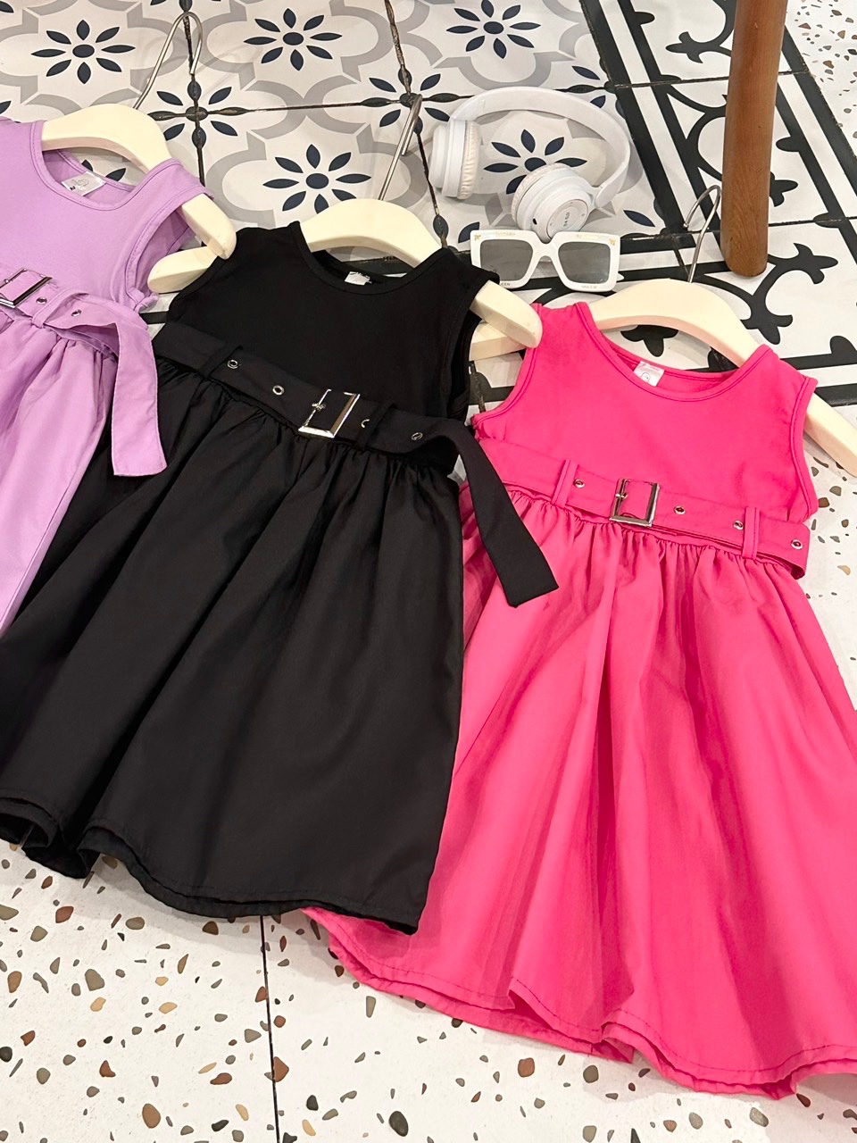 Váy cotton phối thân thô đai eo bé gái
