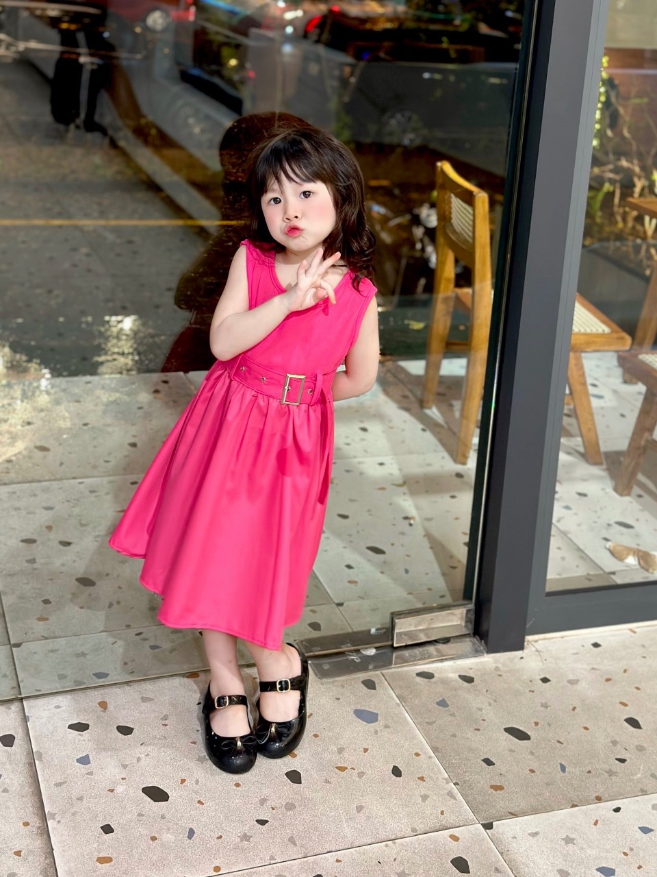 Váy cotton phối thân thô đai eo bé gái