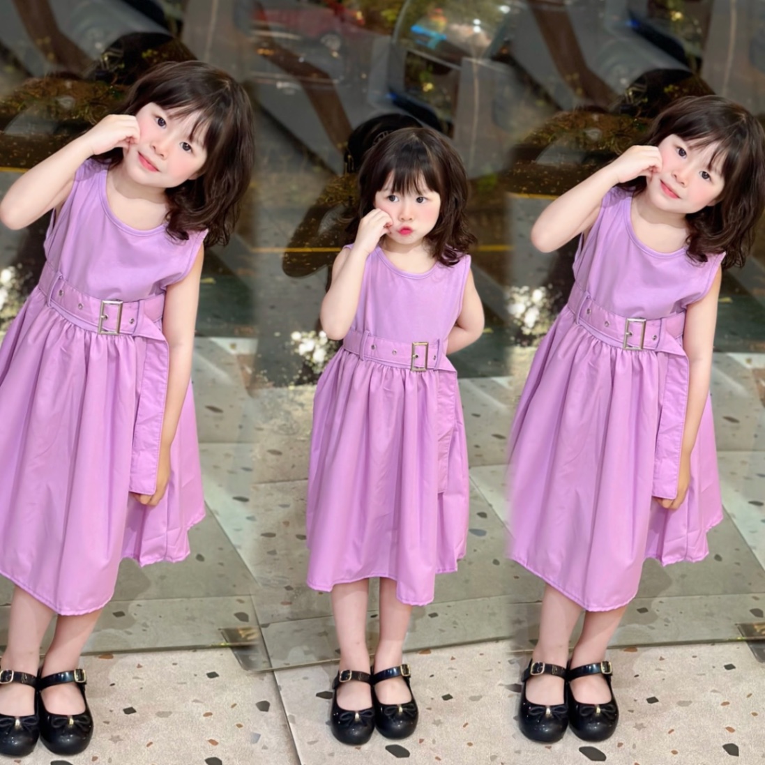 Váy cotton phối thân thô đai eo bé gái