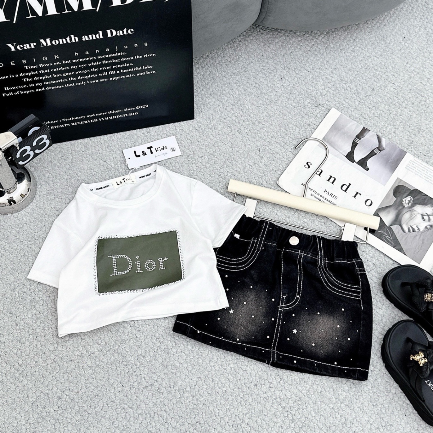 Bộ áo dì o croptop viền đá cv bò bé gái