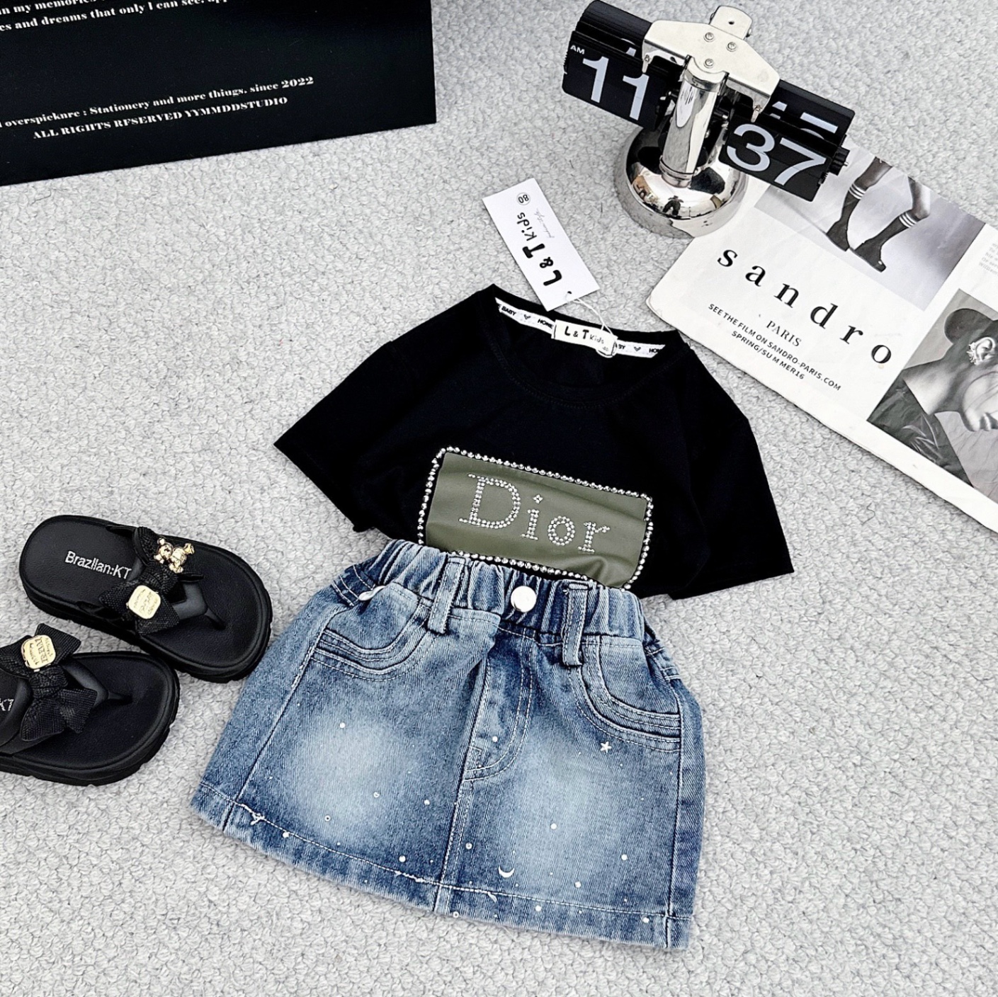 Bộ áo dì o croptop viền đá cv bò bé gái