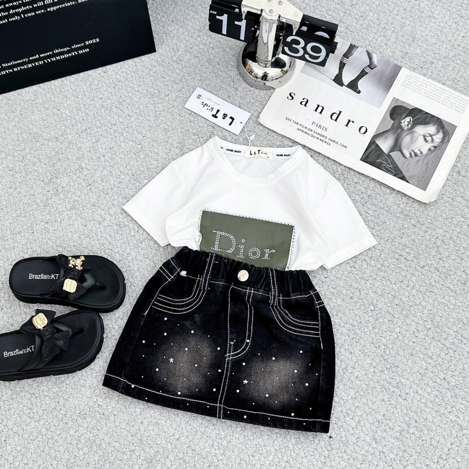 Bộ áo dì o croptop viền đá cv bò bé gái