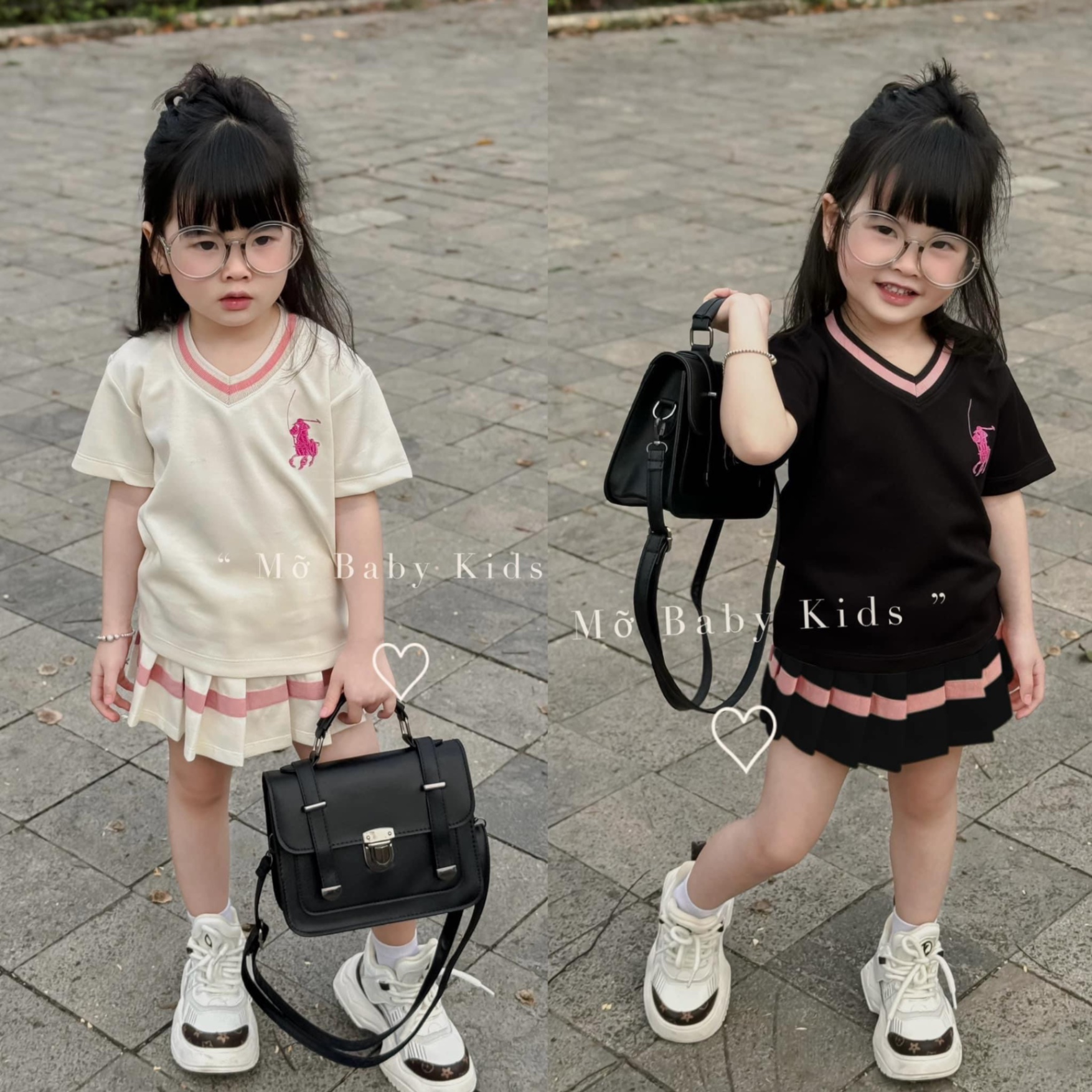 Bộ áo cổ tim thêu ngựa bé gái