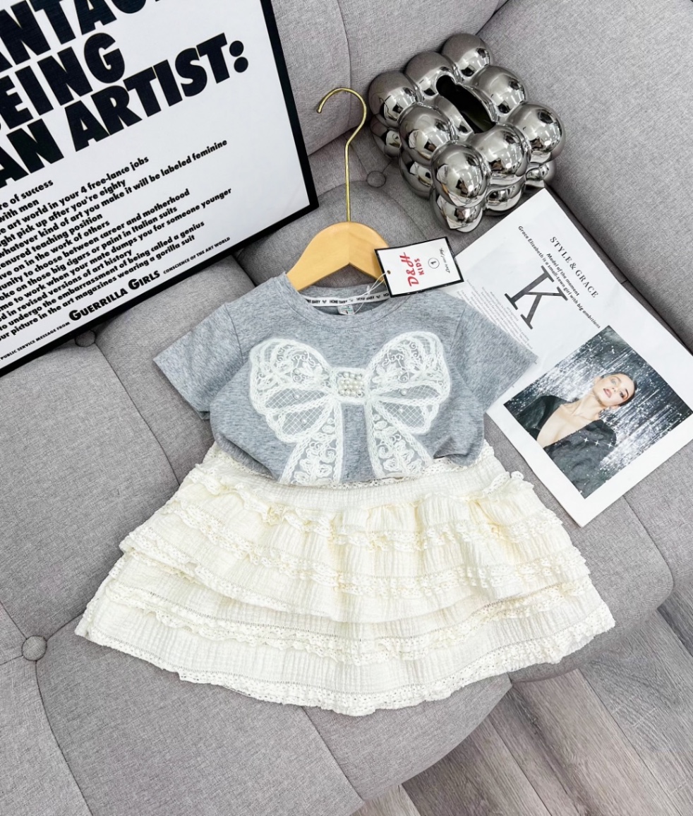 Sét bộ áo nơ đính ngọc cv ren tầng bé gái