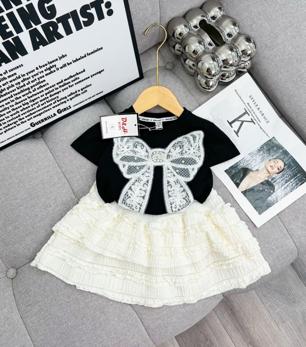 Sét bộ áo nơ đính ngọc cv ren tầng bé gái