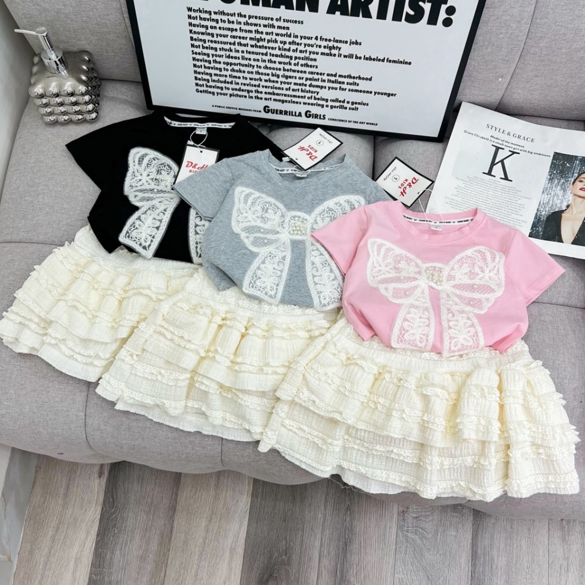 Sét bộ áo nơ đính ngọc cv ren tầng bé gái