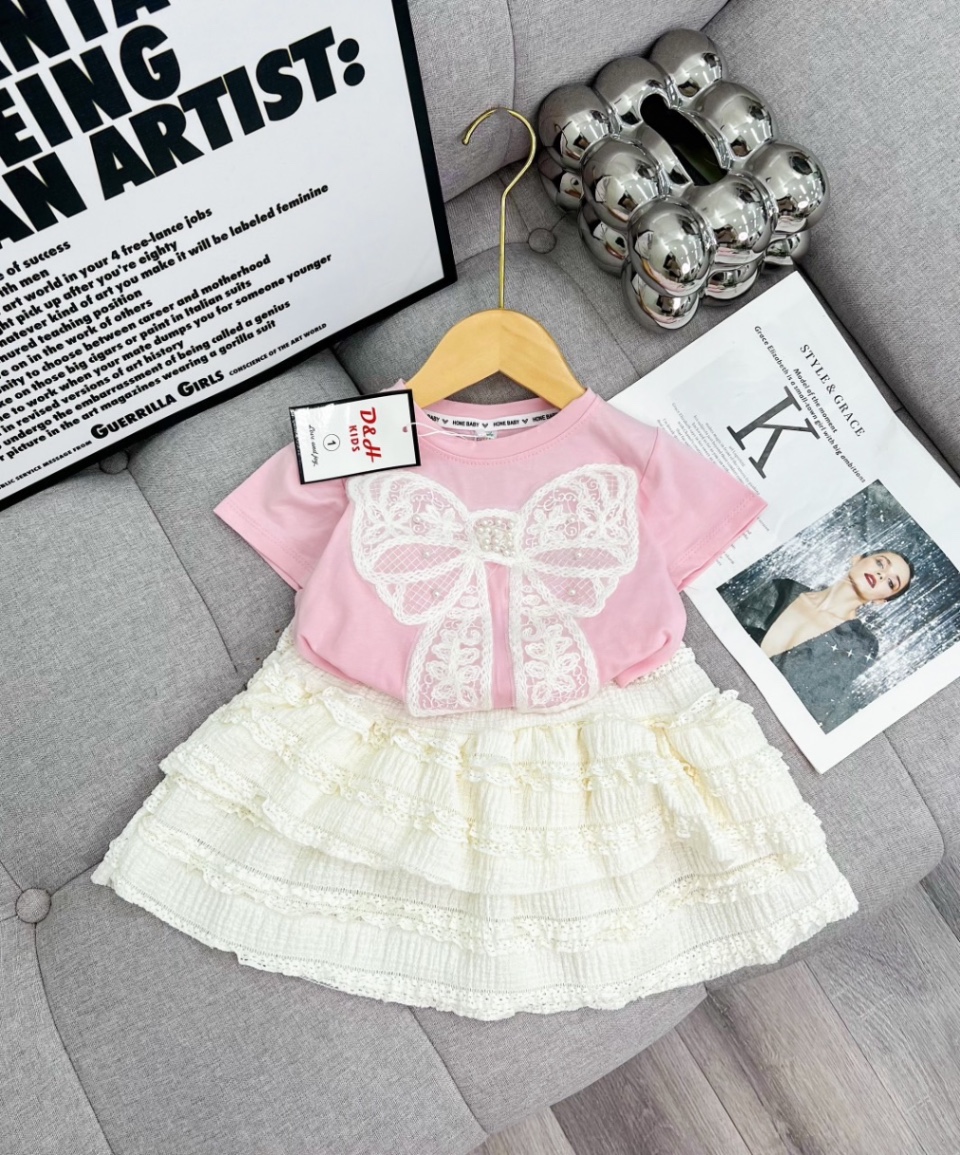 Sét bộ áo nơ đính ngọc cv ren tầng bé gái
