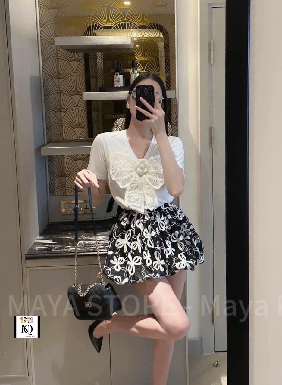 Sét áo nơ ren cv bồng đen thêu hoa bé gái