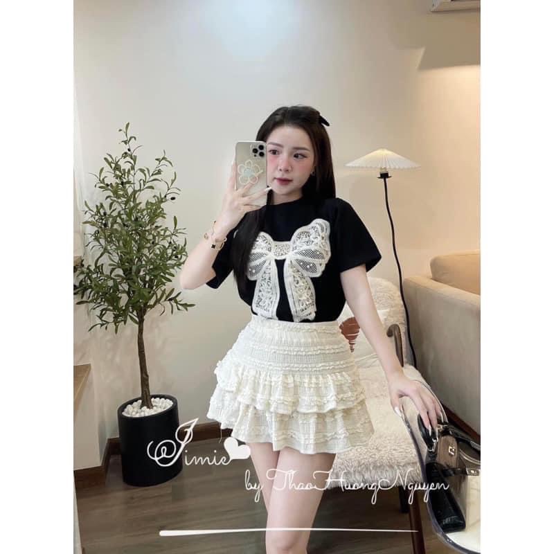 Sét bộ áo nơ đính ngọc cv ren tầng bé gái