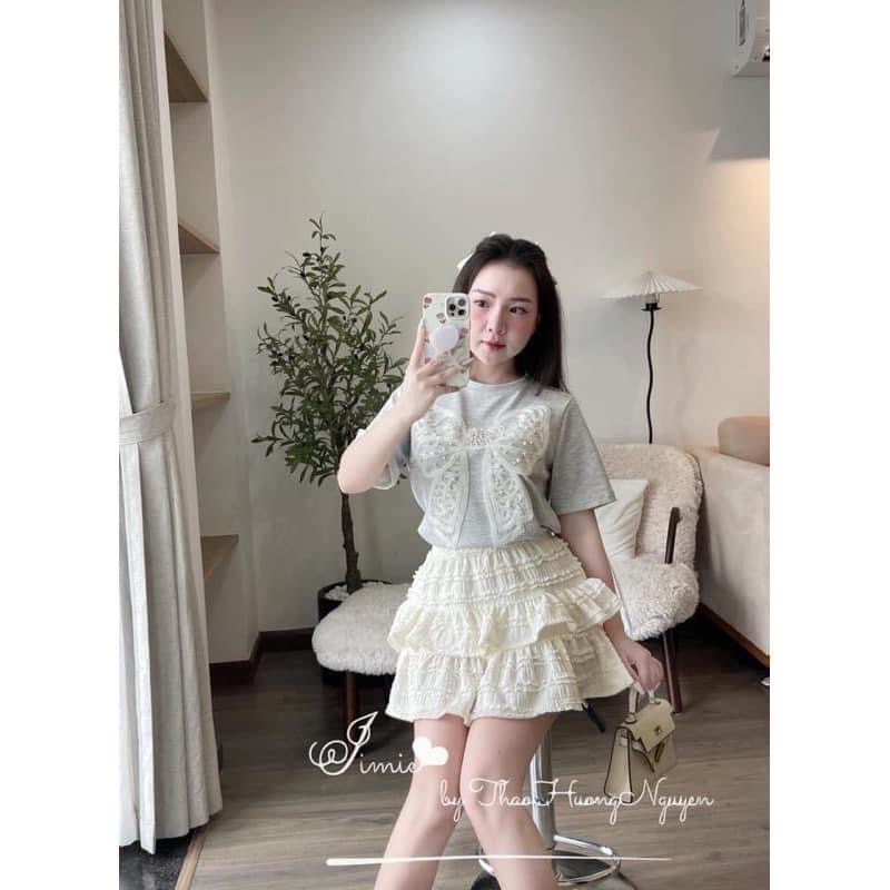 Sét bộ áo nơ đính ngọc cv ren tầng bé gái