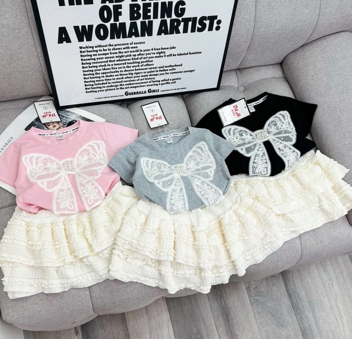 Sét bộ áo nơ đính ngọc cv ren tầng bé gái