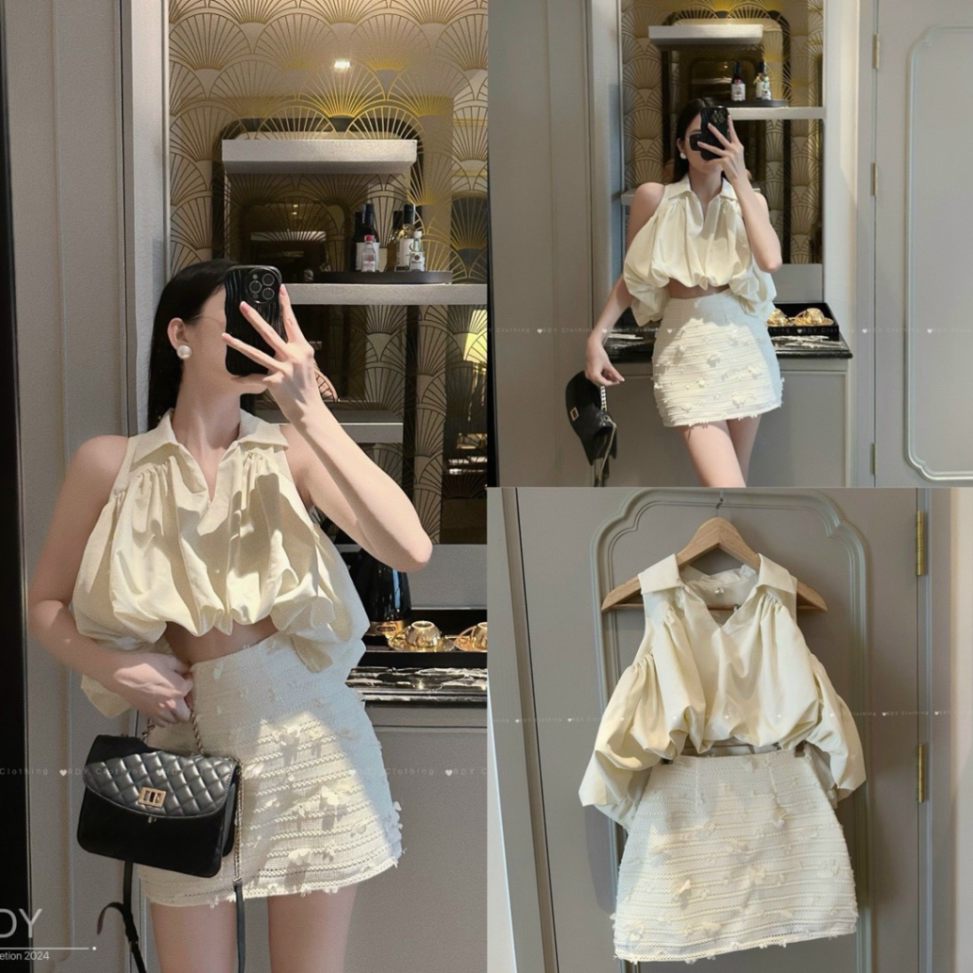 Sét áo sơ mi bom cv đính hoa3 lá cho bé