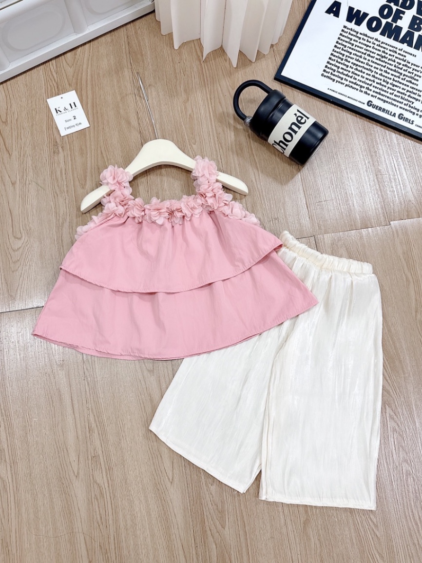 Bộ áo hồng kết hoa 2 dây quần to óng xuông bé gái