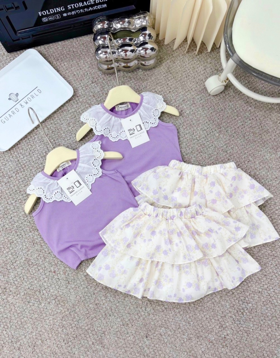 Sét áo tăm tím cổ ren cv hoa tầng bé gái