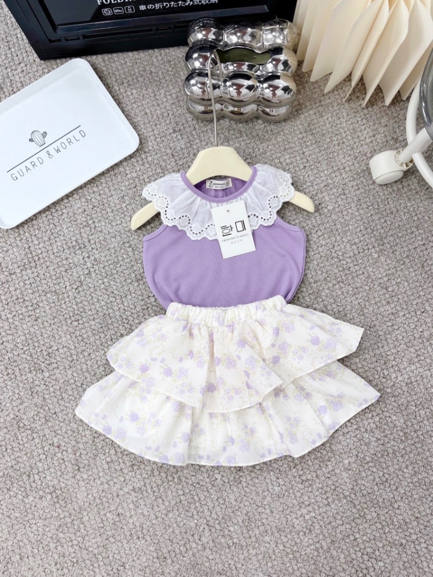 Sét áo tăm tím cổ ren cv hoa tầng bé gái