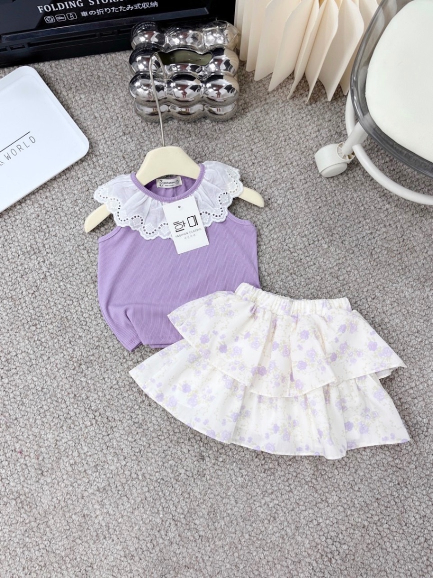 Sét áo tăm tím cổ ren cv hoa tầng bé gái