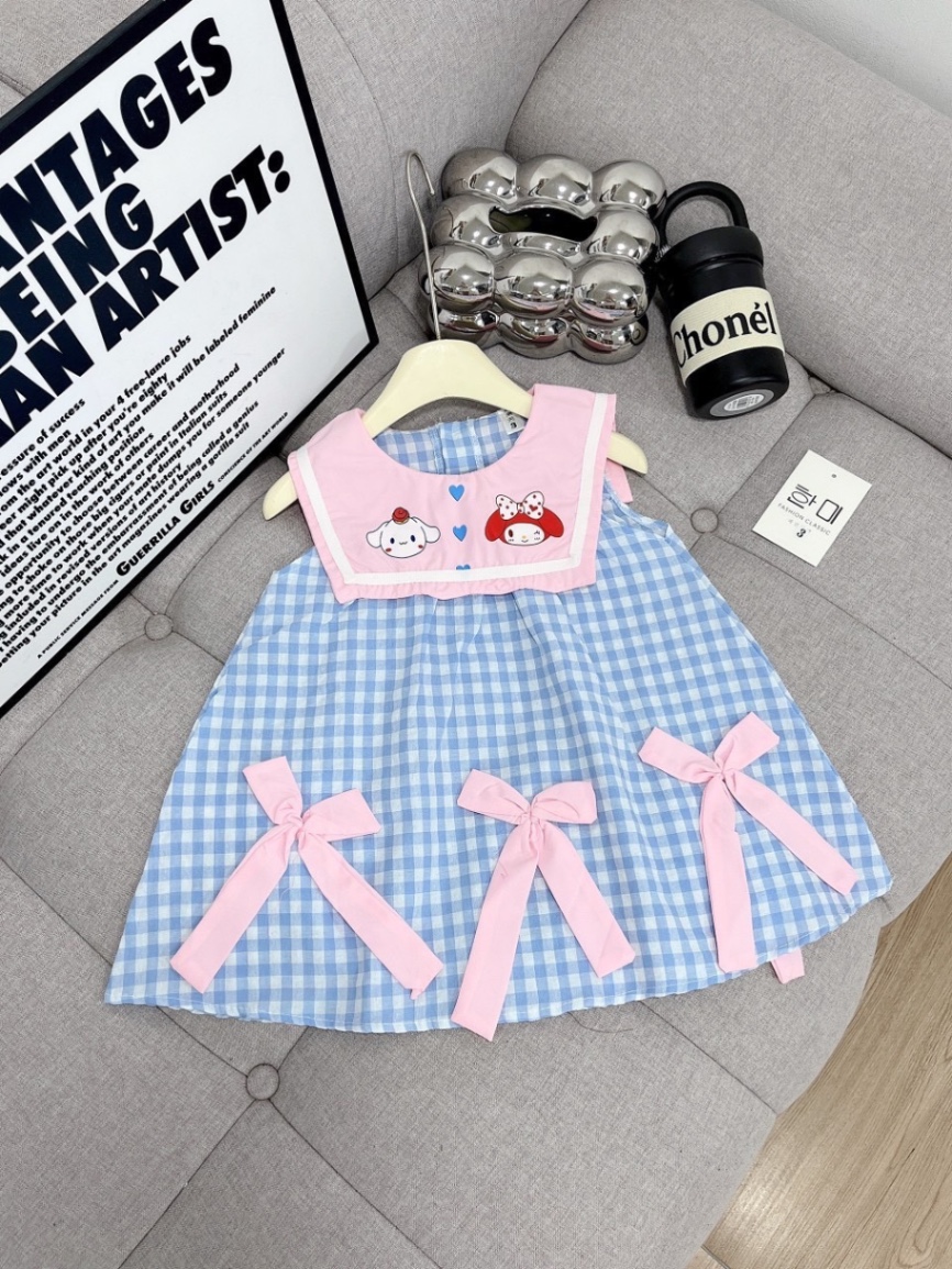 Váy caro xanh cổ hồng bé gái