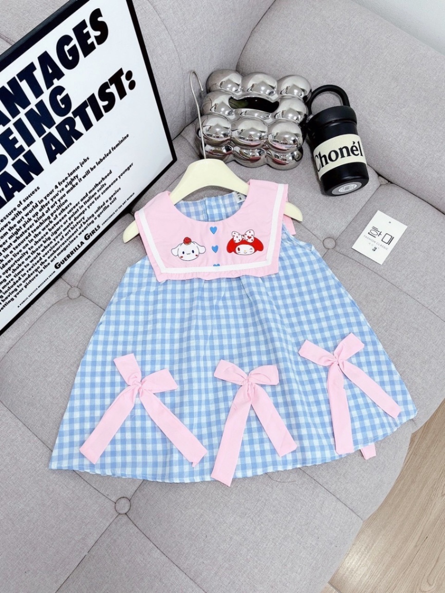 Váy caro xanh cổ hồng bé gái