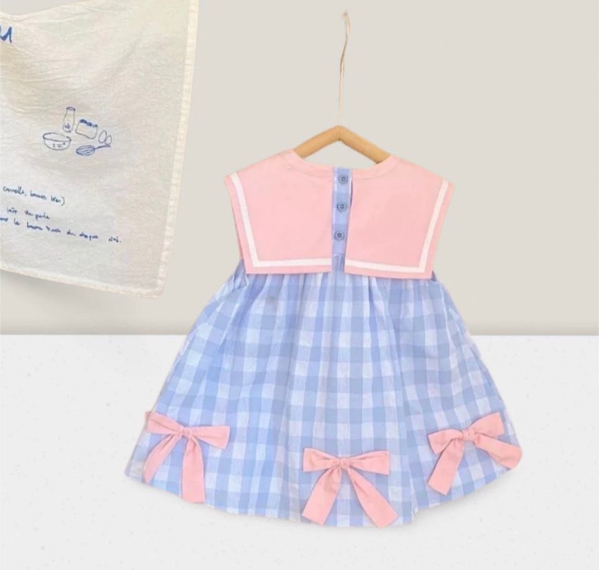 Váy caro xanh cổ hồng bé gái
