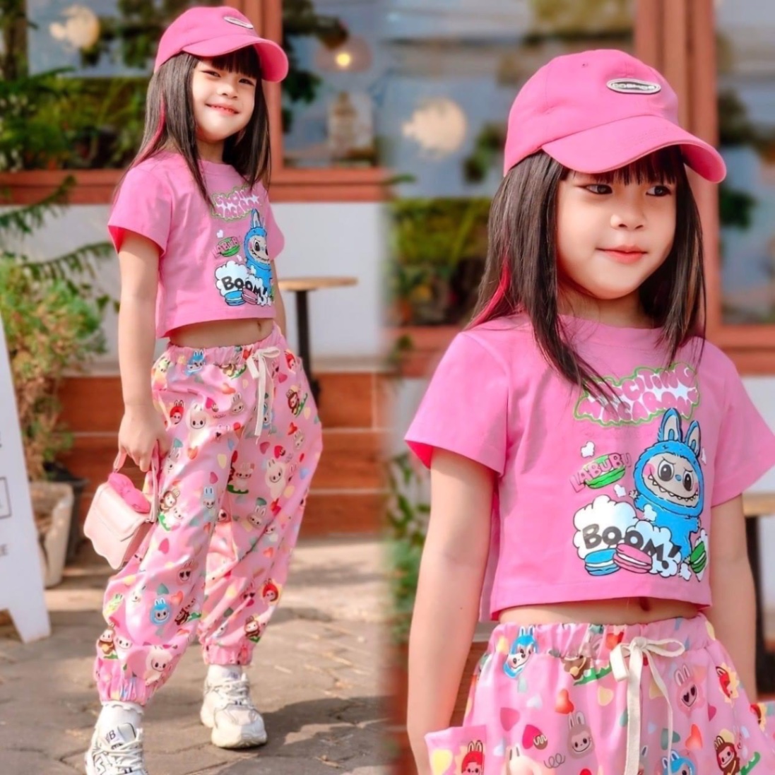 Sét 3 chi tiết bộ hồng quần bo ống bé gái