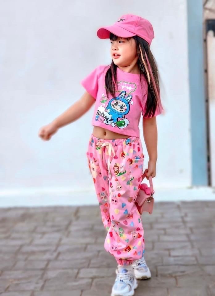 Sét 3 chi tiết bộ hồng quần bo ống bé gái