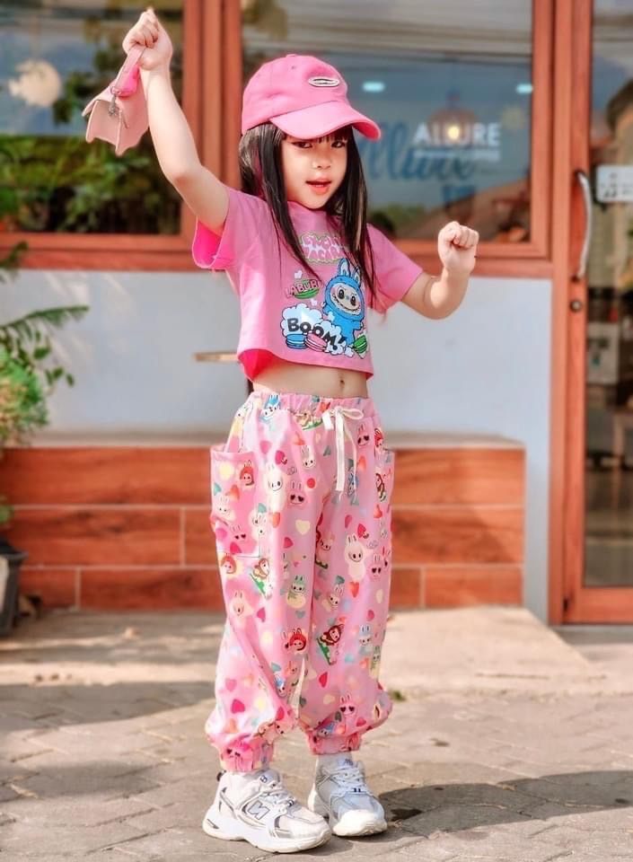 Sét 3 chi tiết bộ hồng quần bo ống bé gái