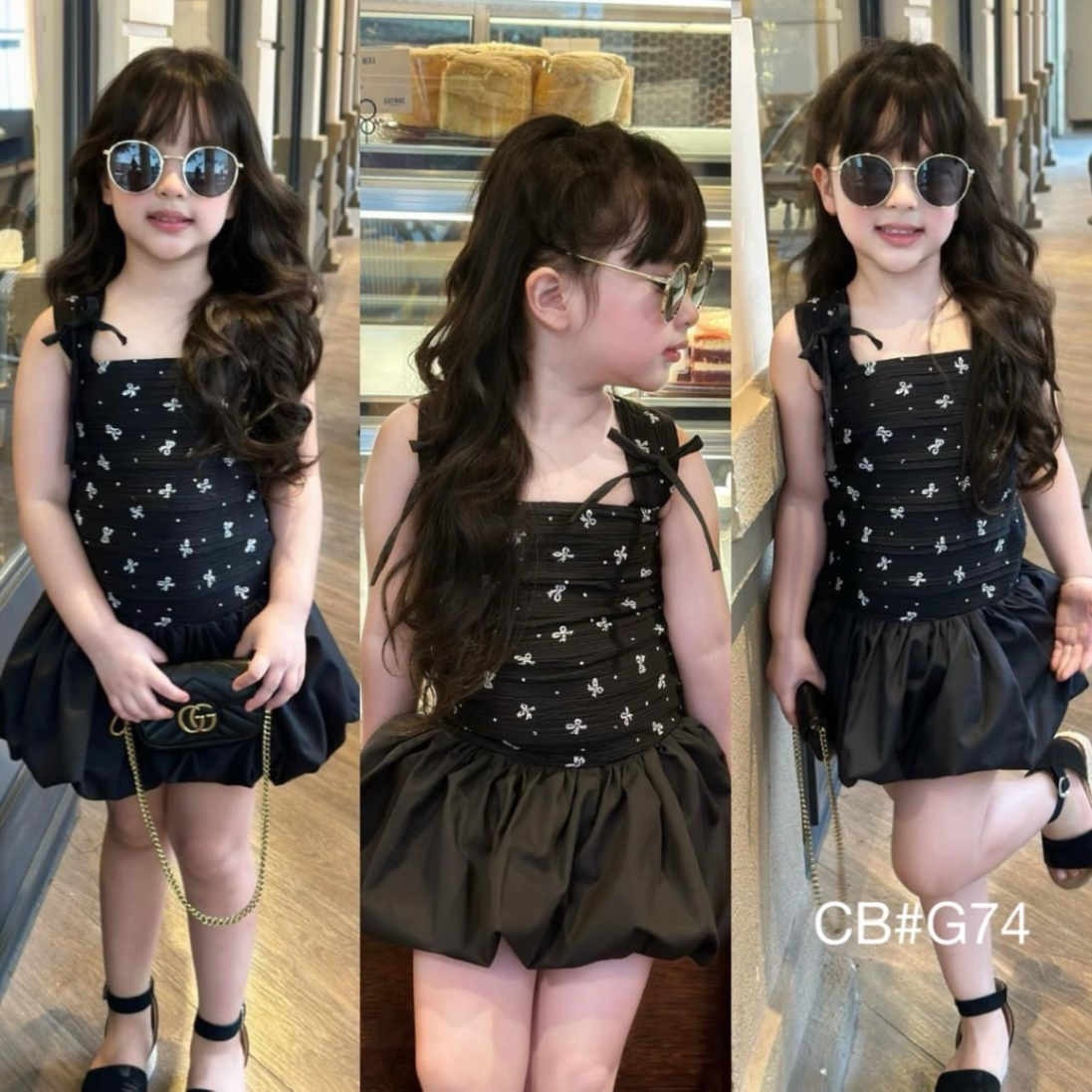 Sét váy 2 dây hình nơ in tràn thân dưới bồng cho bé
