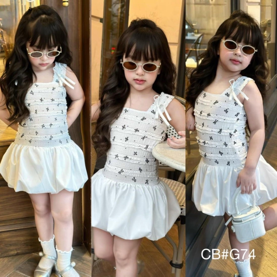 Sét váy 2 dây hình nơ in tràn thân dưới bồng cho bé