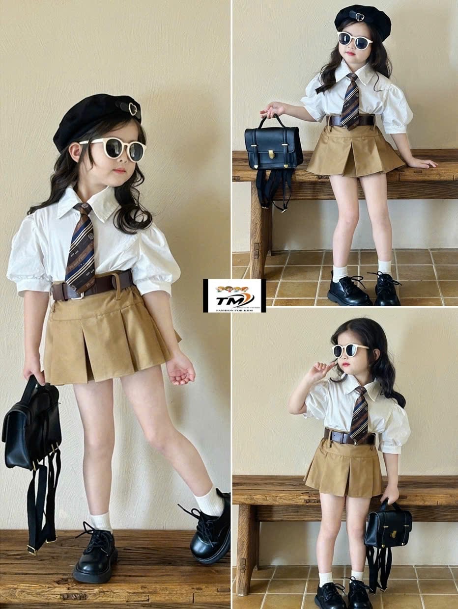 Sét 4 chi tiết cà vạt áo sơm mi cv nâu tm cho bé gái
