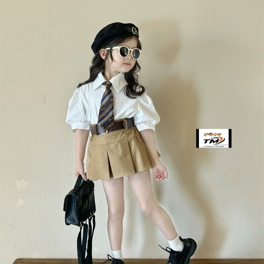 Sét 4 chi tiết cà vạt áo sơm mi cv nâu tm cho bé gái