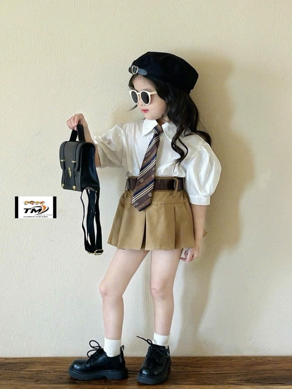Sét 4 chi tiết cà vạt áo sơm mi cv nâu tm cho bé gái