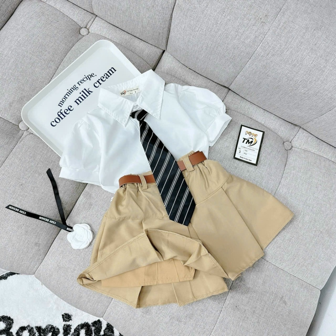 Sét 4 chi tiết cà vạt áo sơm mi cv nâu tm cho bé gái