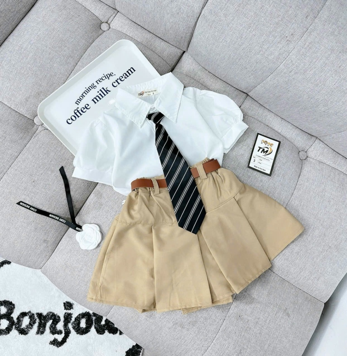Sét 4 chi tiết cà vạt áo sơm mi cv nâu tm cho bé gái