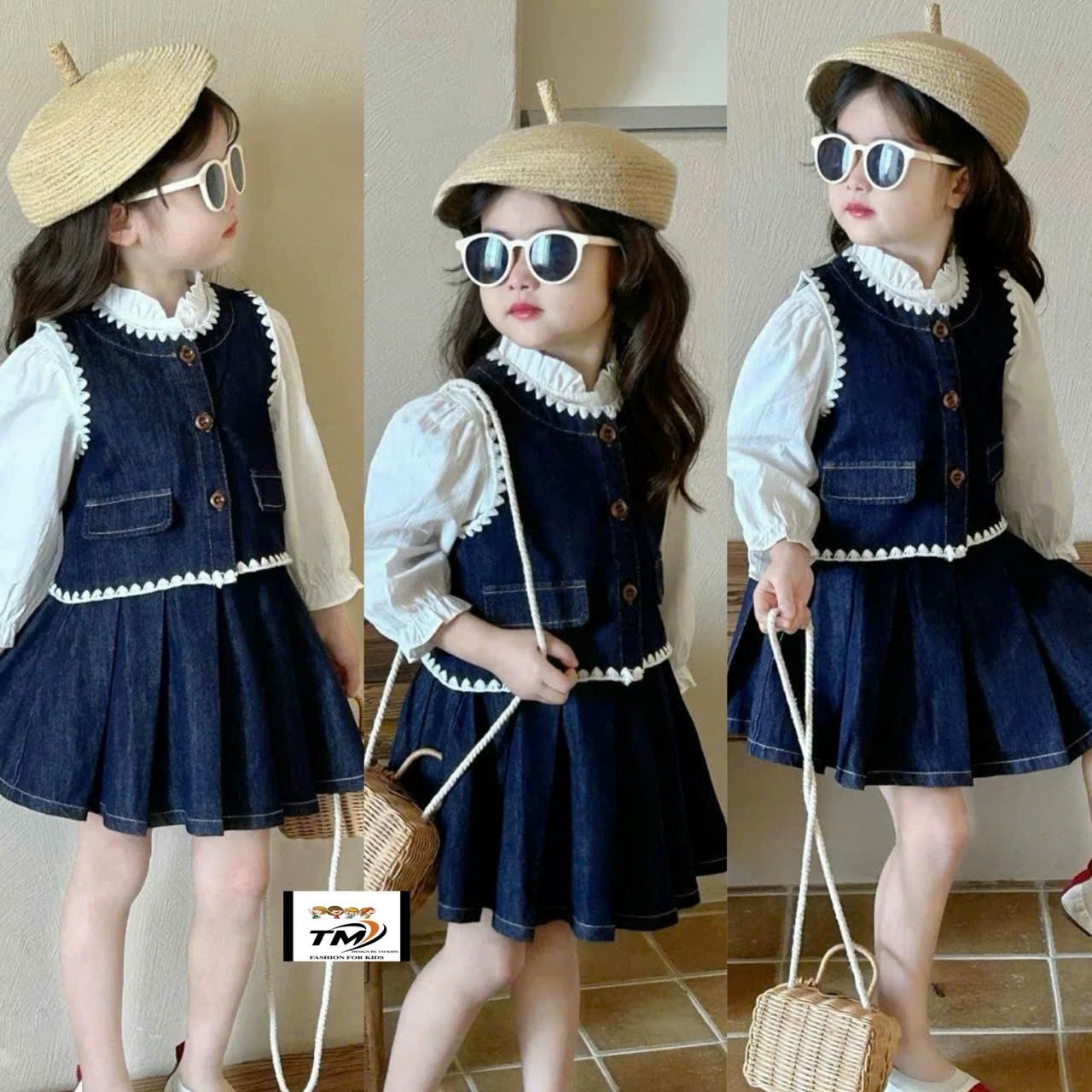 Sét 3 chi tiết gile bò kèm áo sơ mi trắng bé gái
