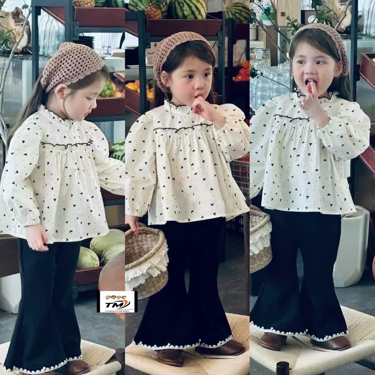Sét áo babydoll trái tim quần đen loe bé gái