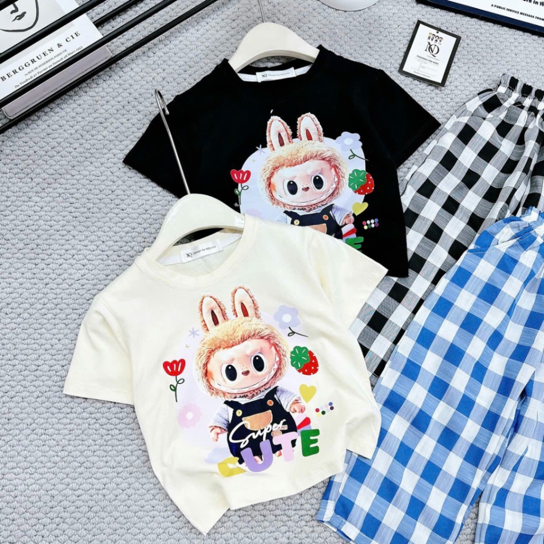 Sét áo labubu cộc tay quần dài caro đen xanh tm bé gái
