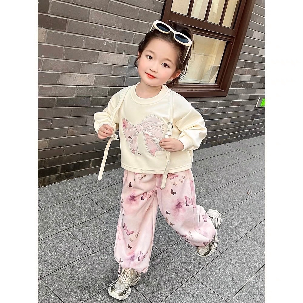 Sét bộ nỉ áo kem nơ bé gái sn