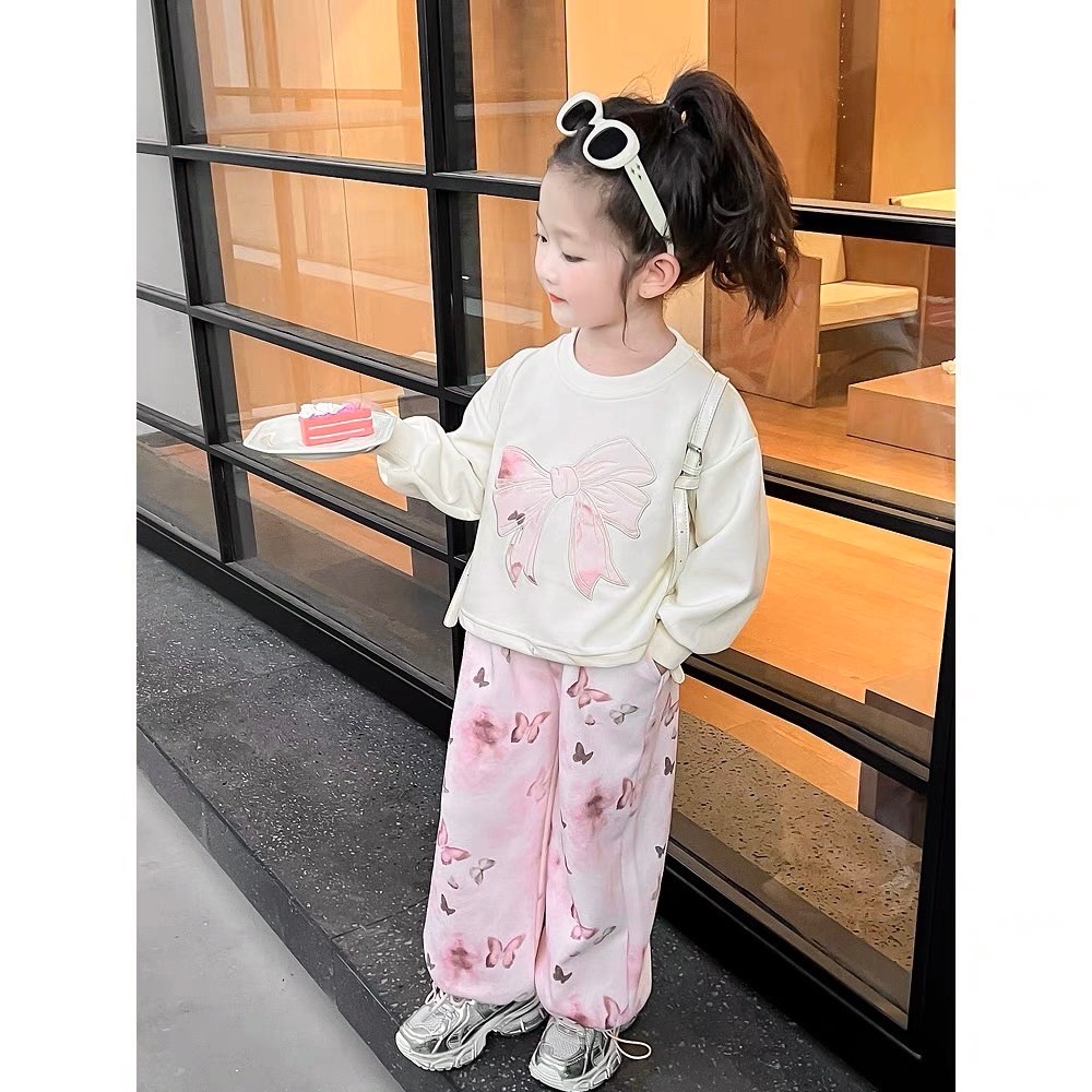 Sét bộ nỉ áo kem nơ bé gái sn