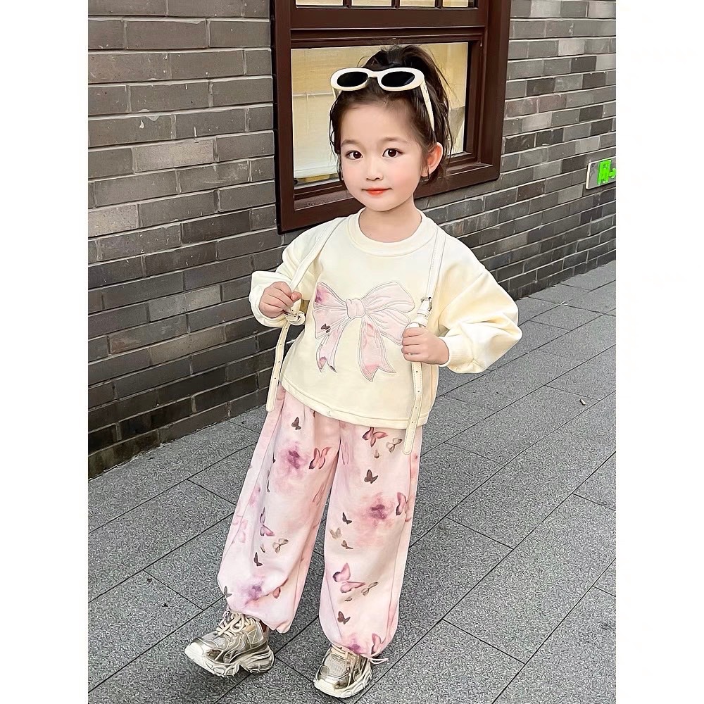 Sét bộ nỉ áo kem nơ bé gái sn