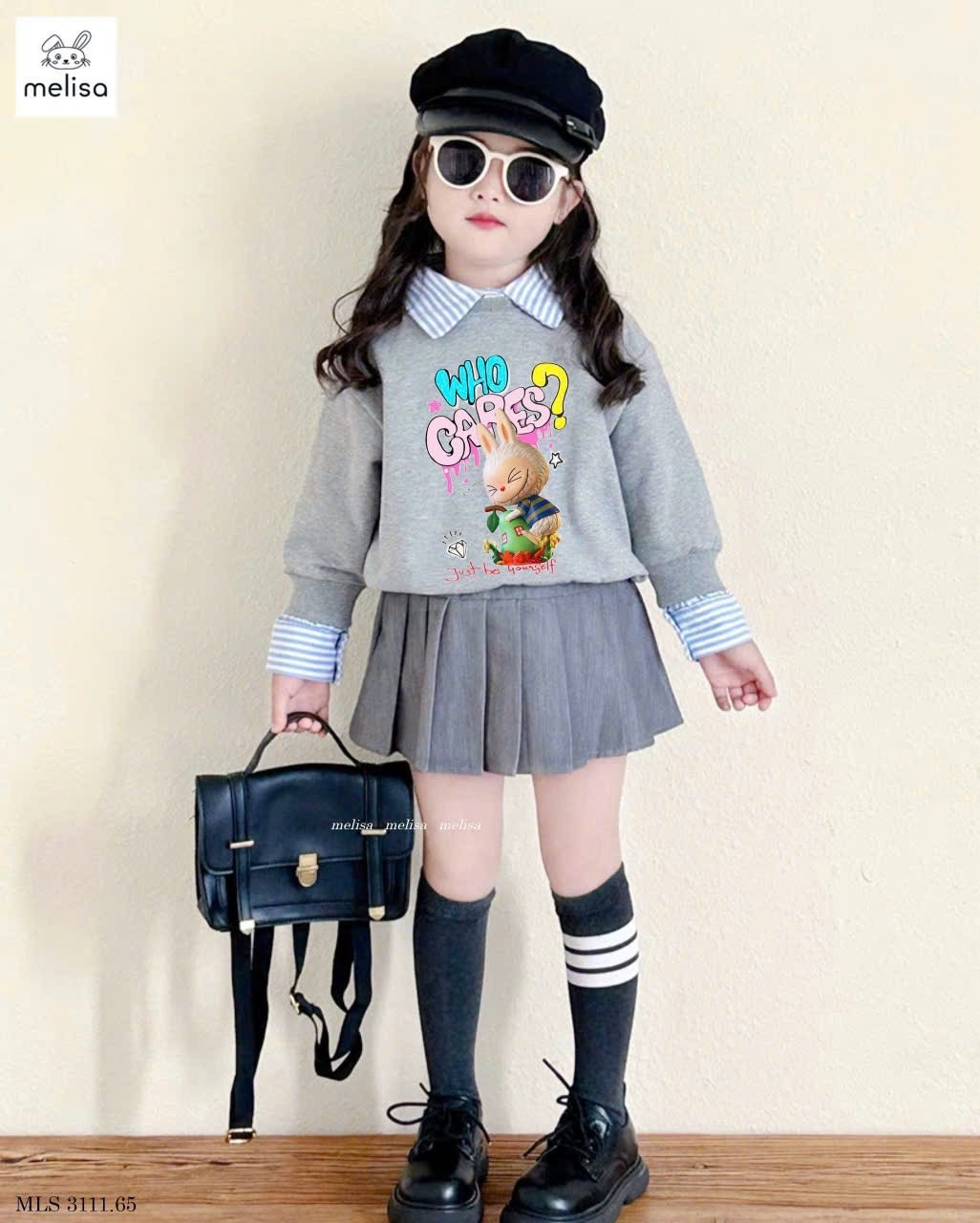 Sét áo ghi labubu phối cổ sơmi cv xếp ly bé gái