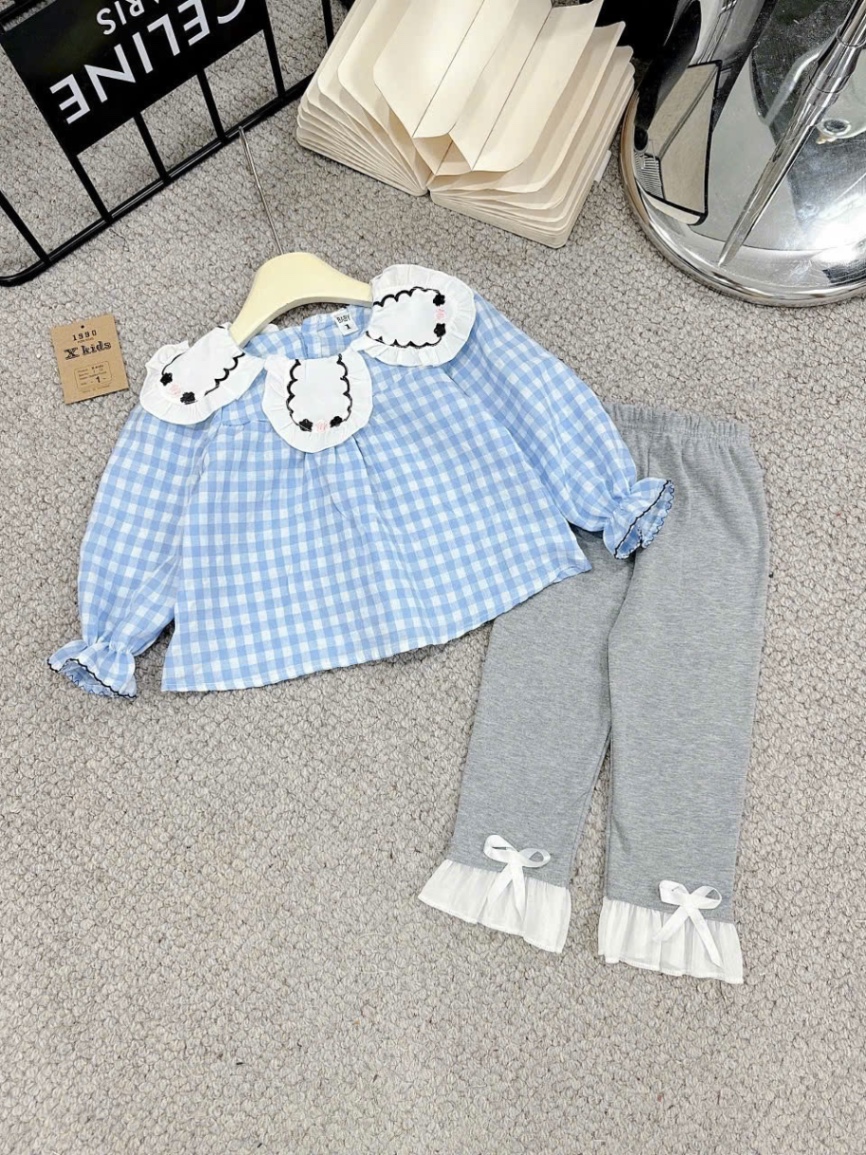 Sét áo kẻ caro babydoll quần legging xk bé gái