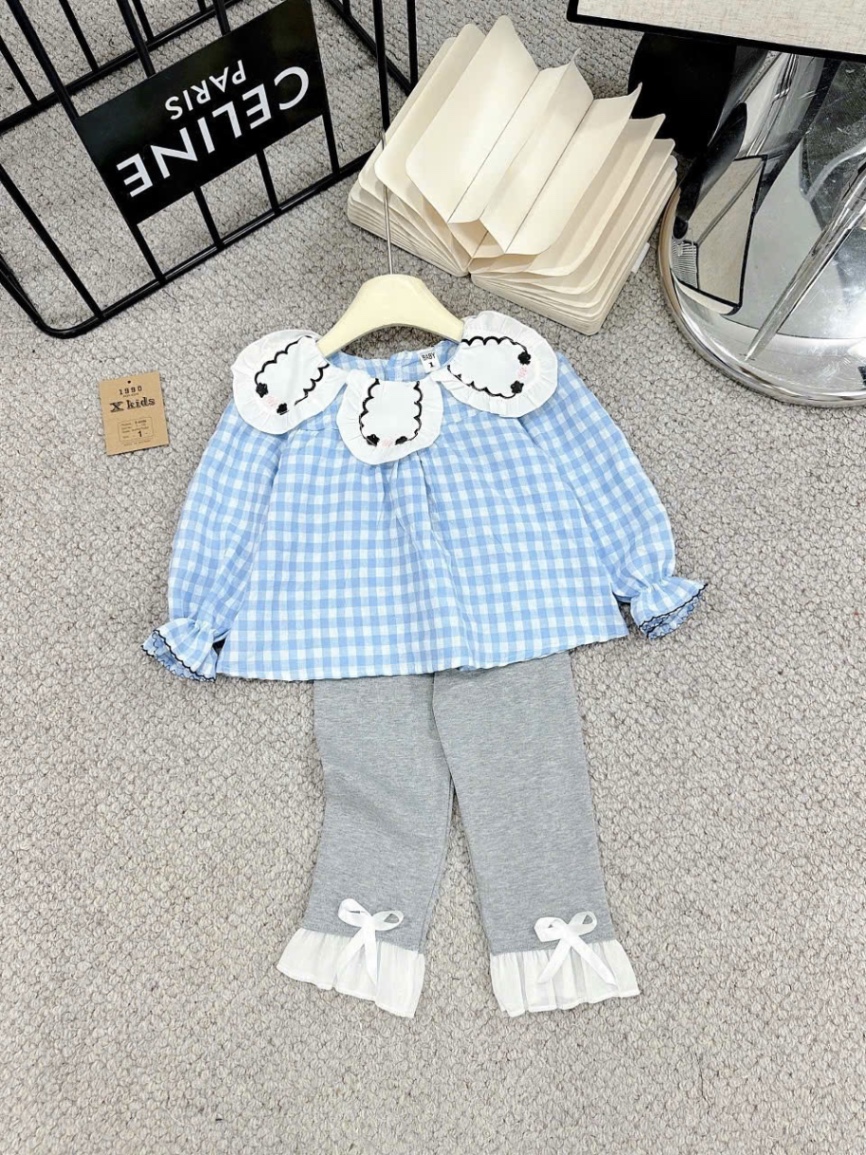 Sét áo kẻ caro babydoll quần legging xk bé gái