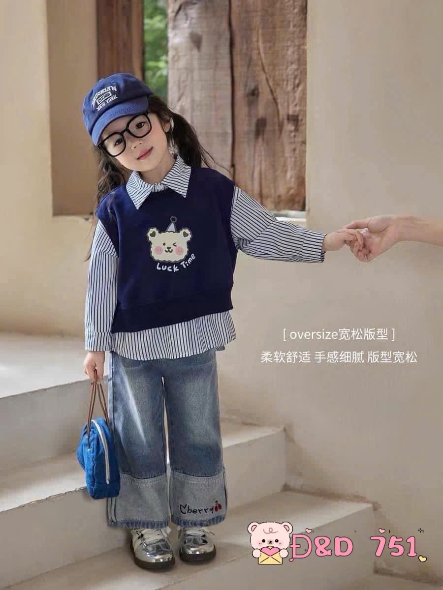Sét 3 chi tiết sơ mi kẻ sọc gile tăm quần bò xanh bé gái dh