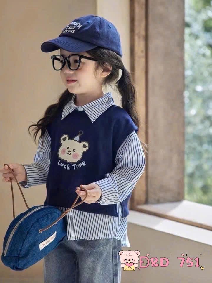 Sét 3 chi tiết sơ mi kẻ sọc gile tăm quần bò xanh bé gái dh