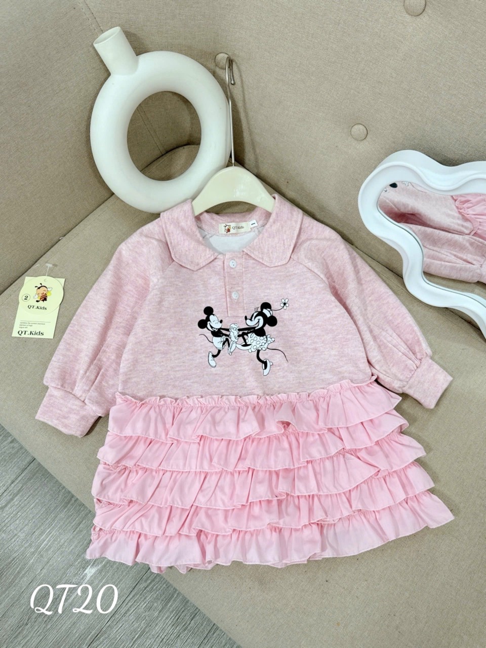 Váy tầng micky hồng ghi cho bé gái