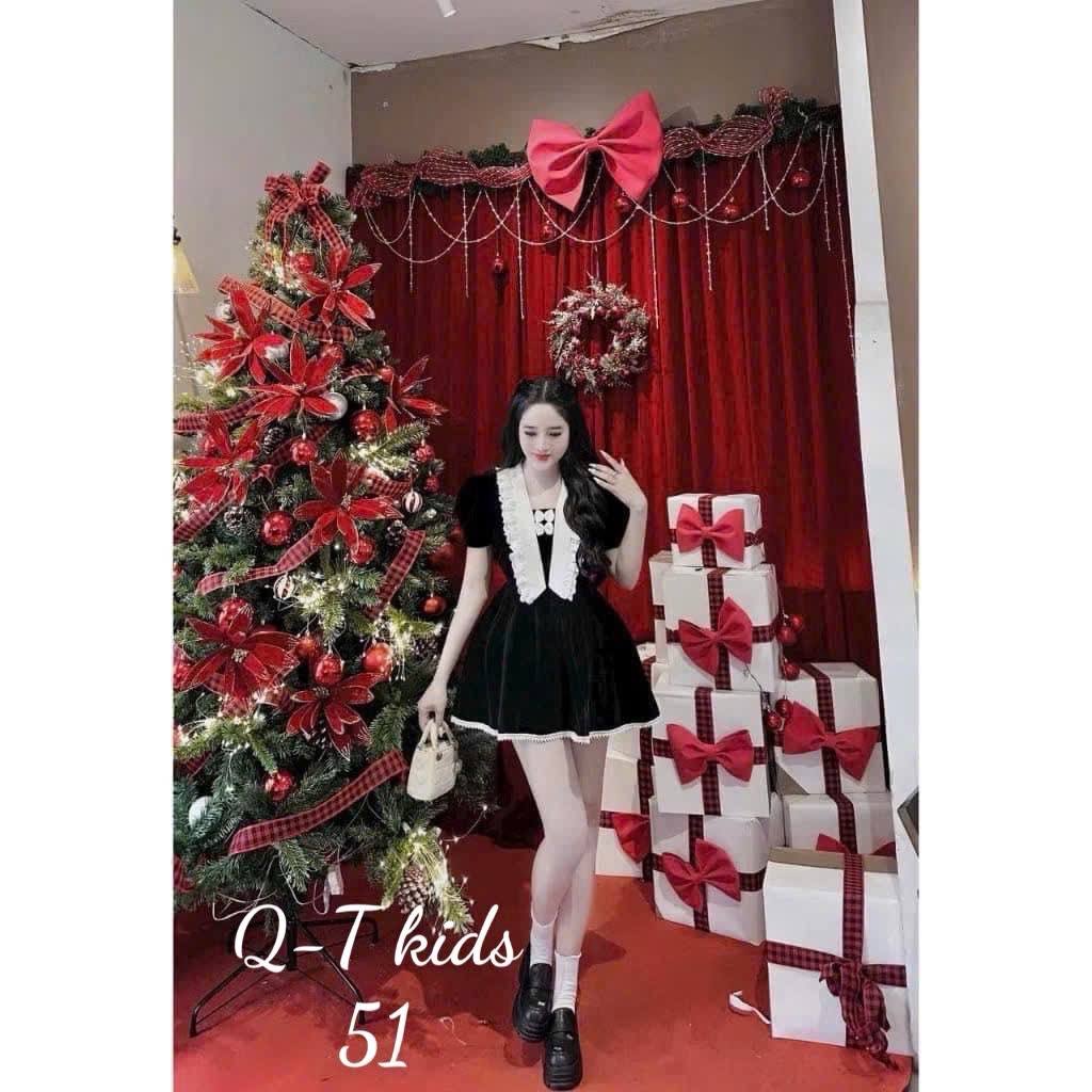 Váy nhung cổ trắng nơ bé gái tq