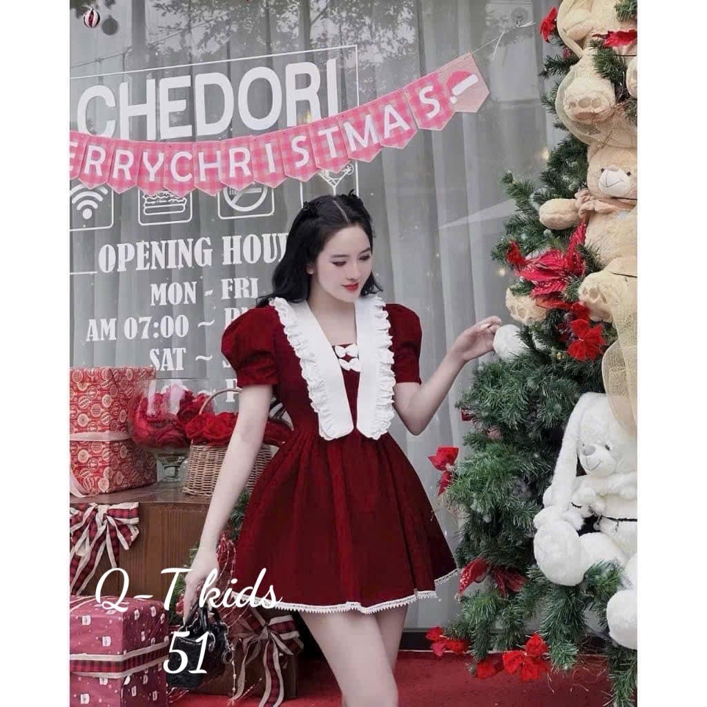 Váy nhung cổ trắng nơ bé gái tq
