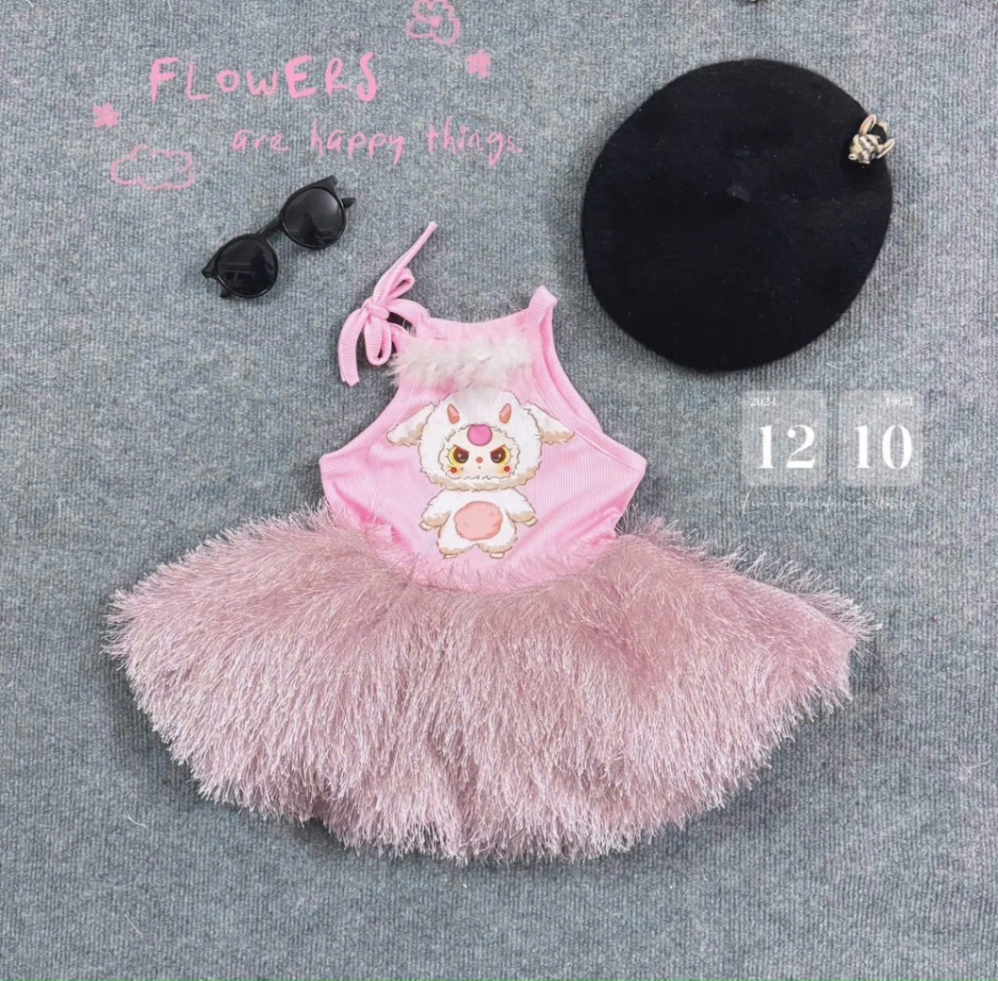 Váy cổ yếm baby three phối lông mịn bé gái