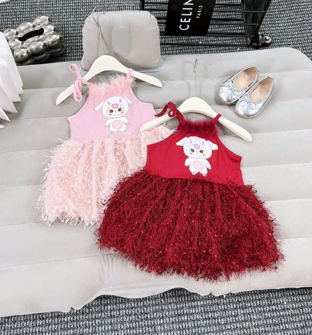 Váy cổ yếm baby three phối lông mịn bé gái